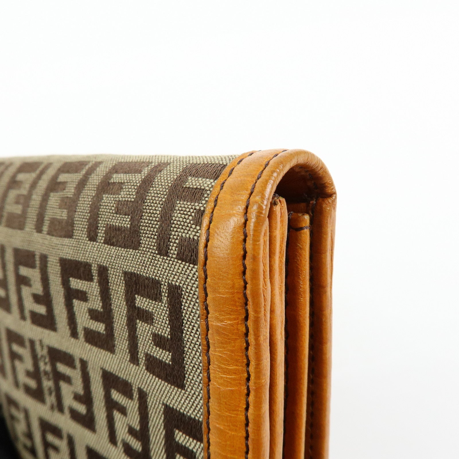 FENDI Zucchino Jacquard Canvas Leather Bi-fold Long Wallet Beige 8M0000