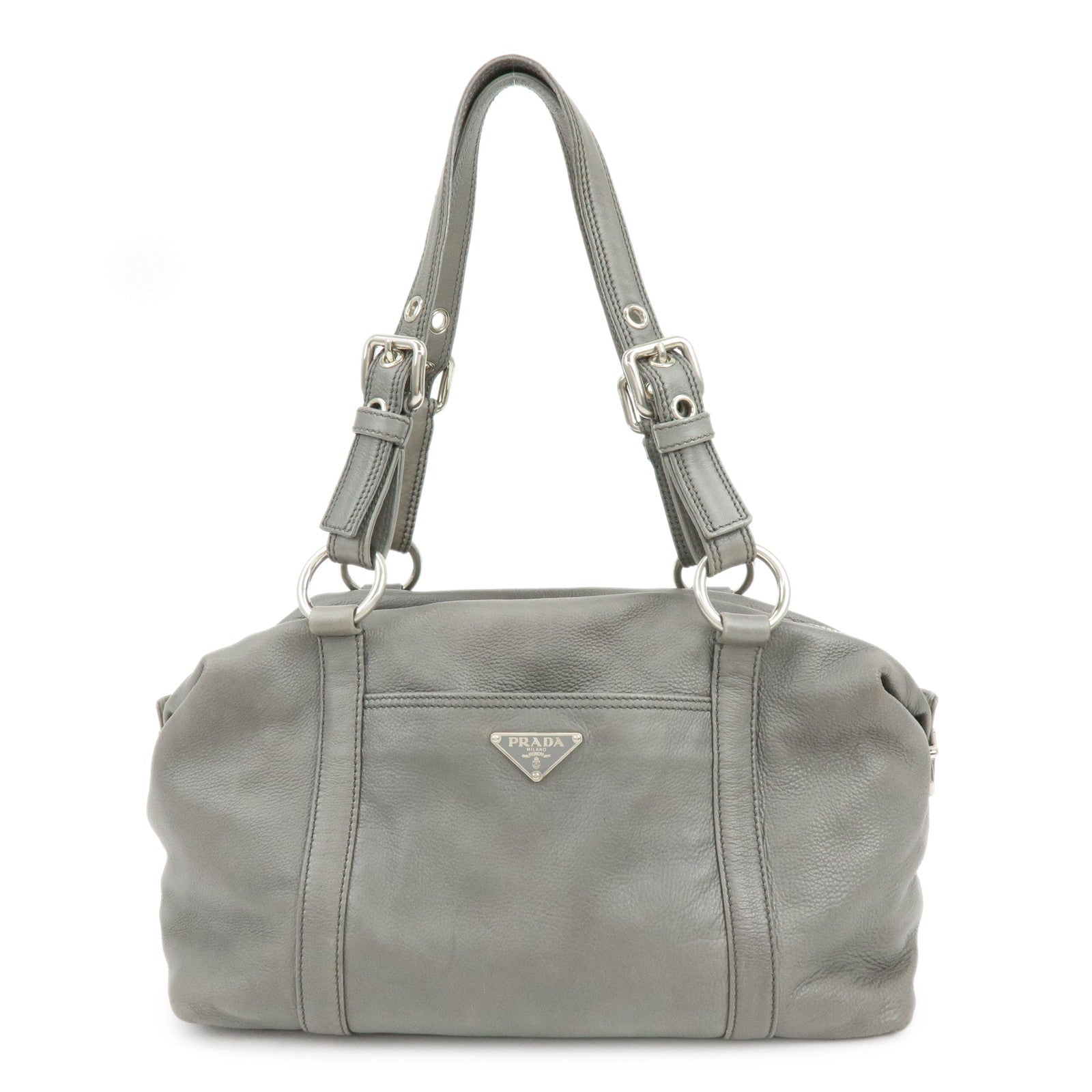 PRADA Triangle Logo Leather Boston Bag Shoulder Bag Gray BR2630