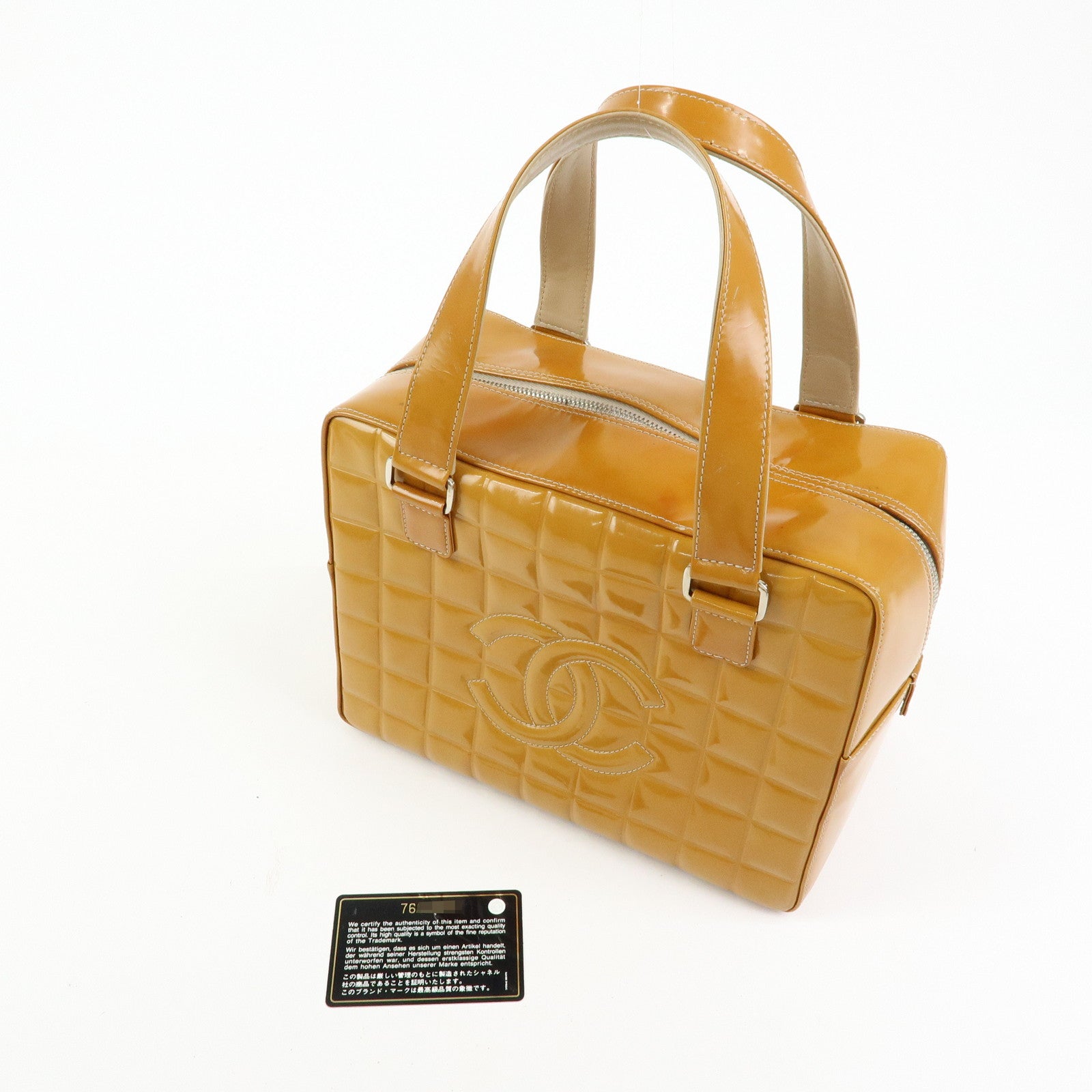 CHANEL Chocolate Bar COCO Mark Patent Leather Boston Bag Hand Bag Camel