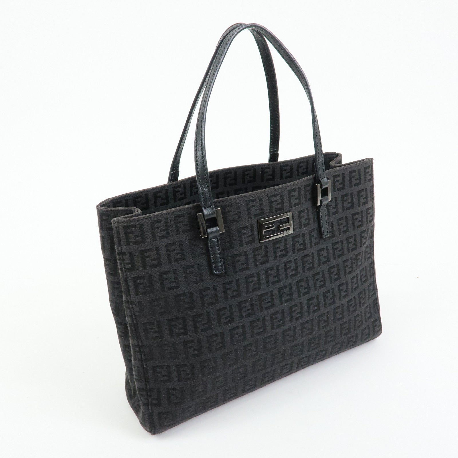 FENDI Zucchino Canvas Leather Hand Bag Tote Bag Black 8BH132