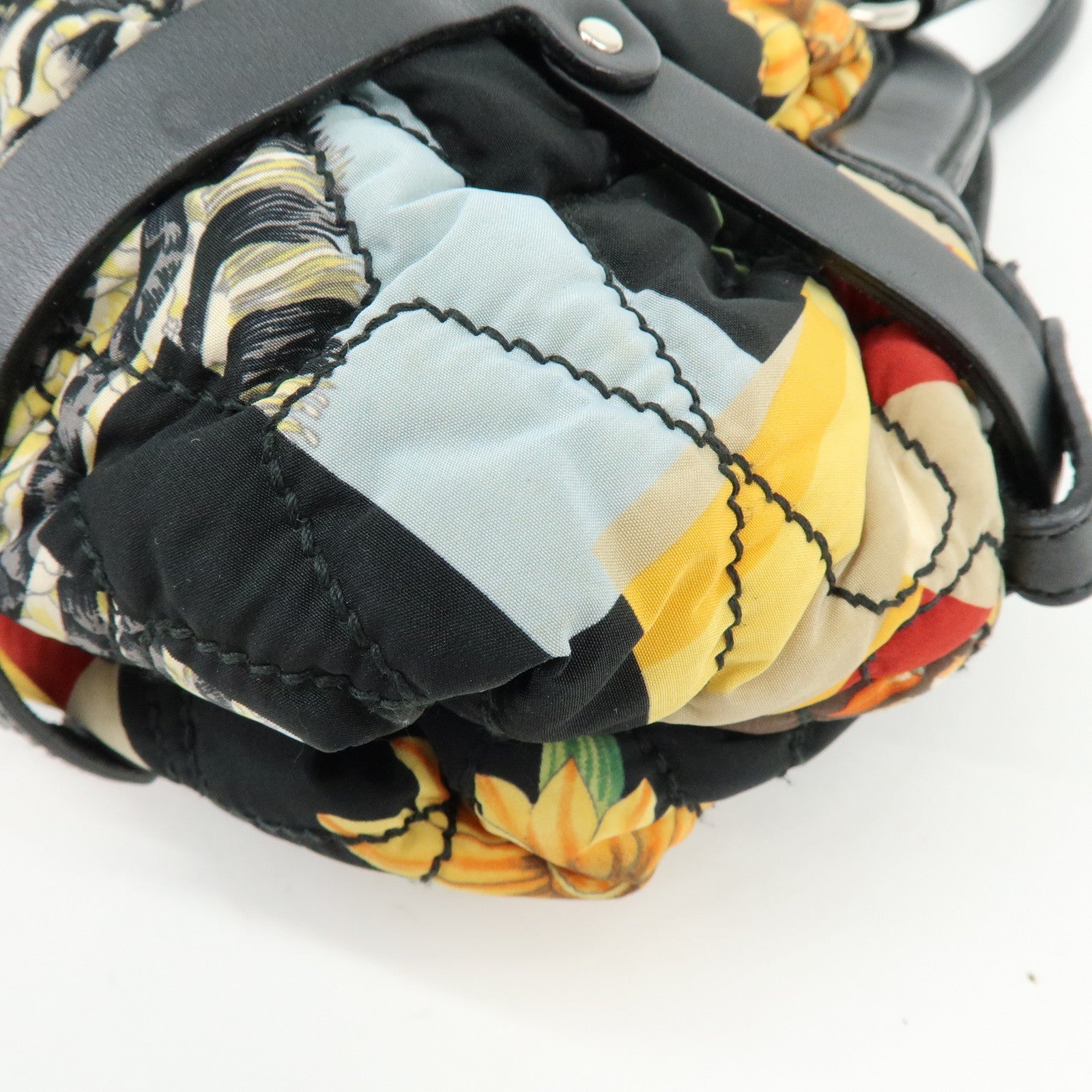 Ferragamo Nylon Quilting Leather Hand Bag Animalier Black Multicolor