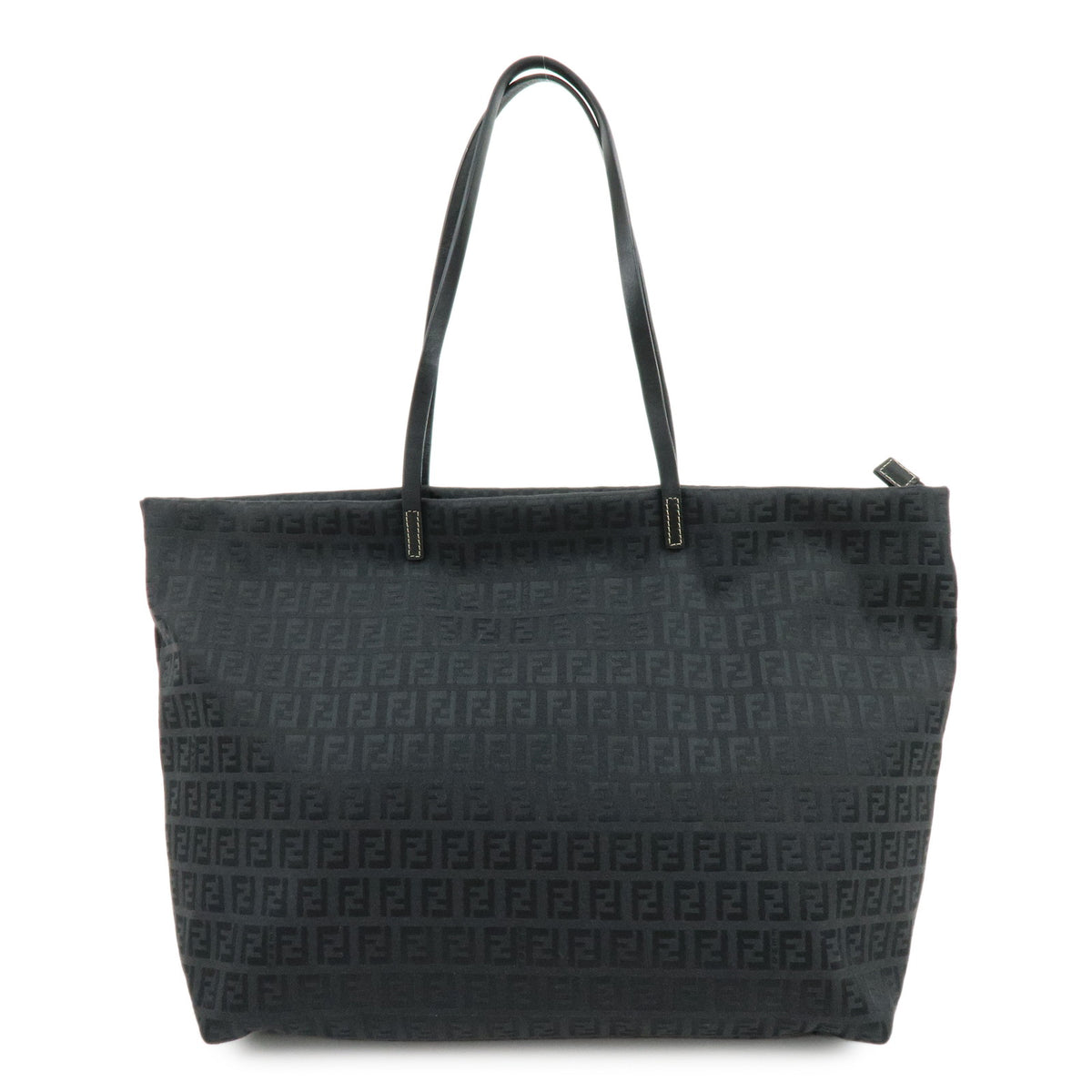 FENDI Zucchino Jacquard Canvas Leather Tote Shoulder Bag Black 8BH025