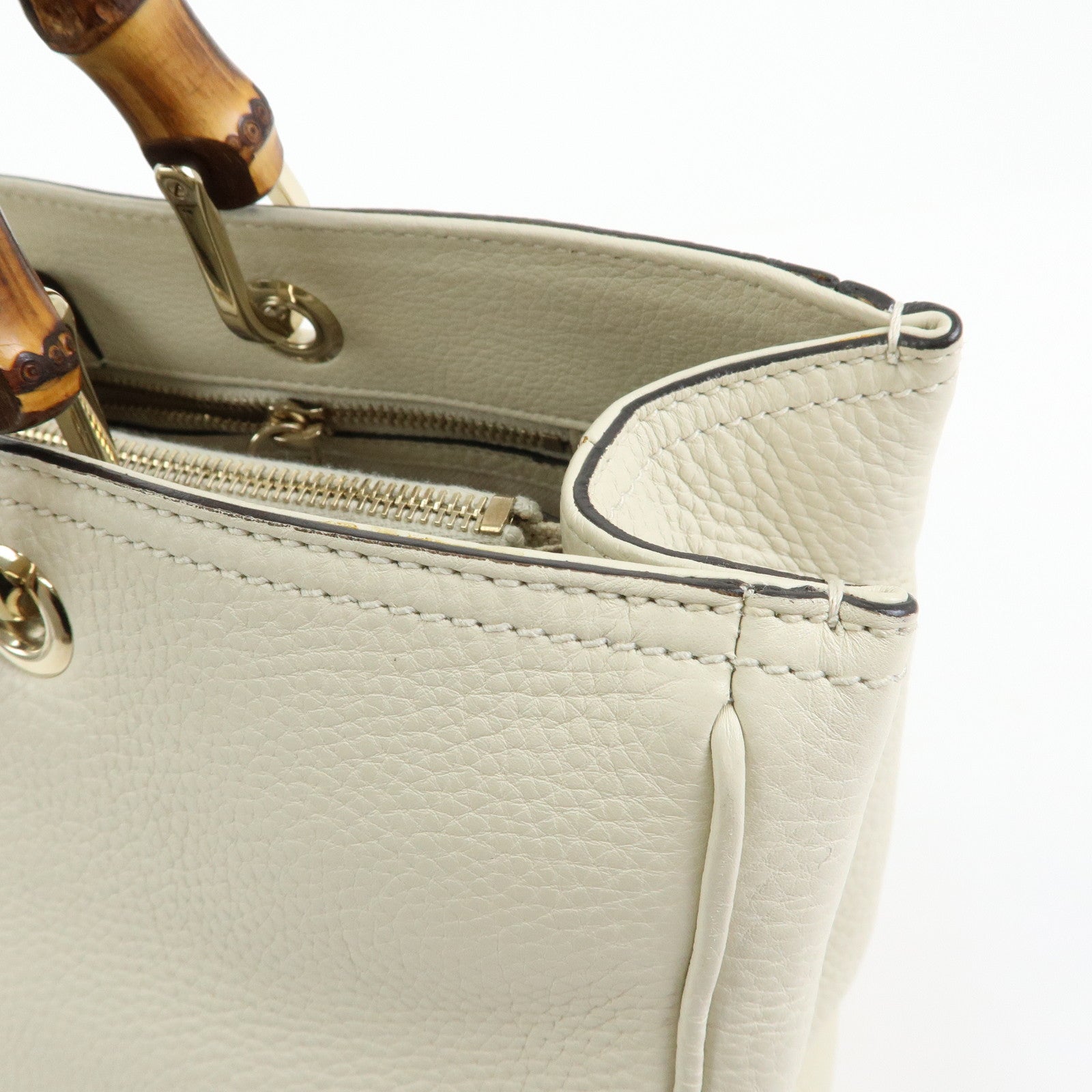 GUCCI Bamboo Shopper Medium Leather 2Way Bag Hand Bag White 323660