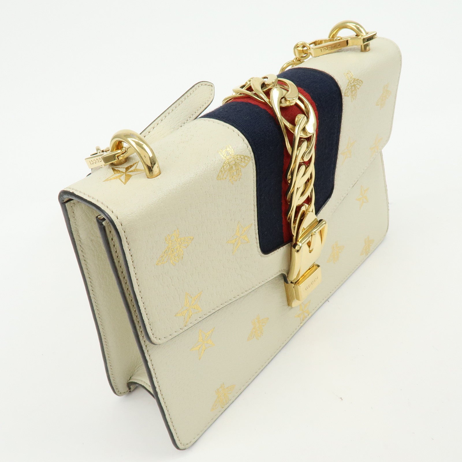 GUCCI Sylvie Sherry Calf Leather Shoulder Bag Ivory Bee & Star 524405