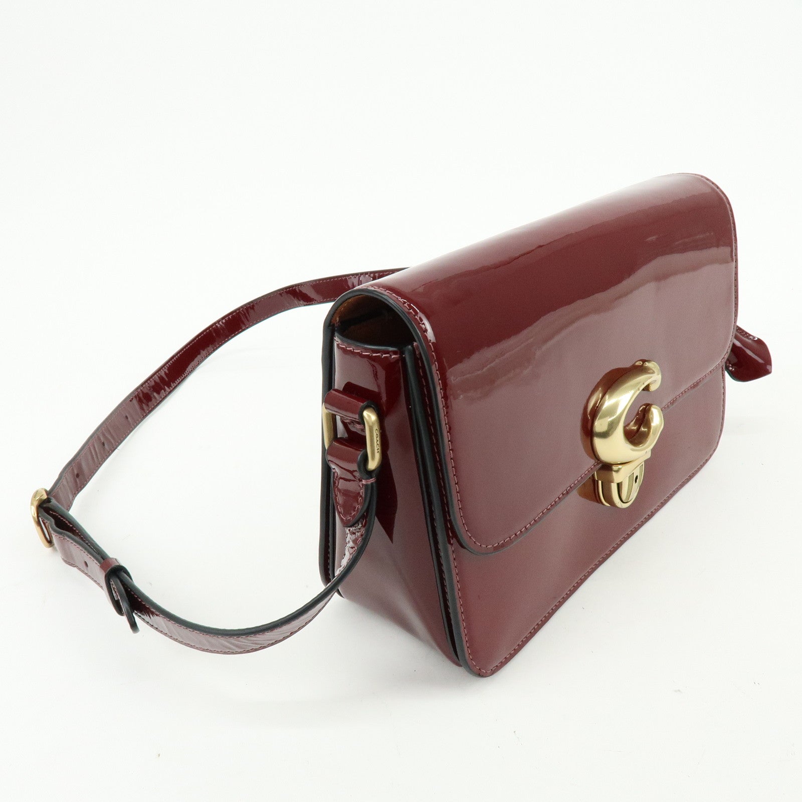COACH Studio Signature C Patent Leather Shoulder Bag Bordeaux