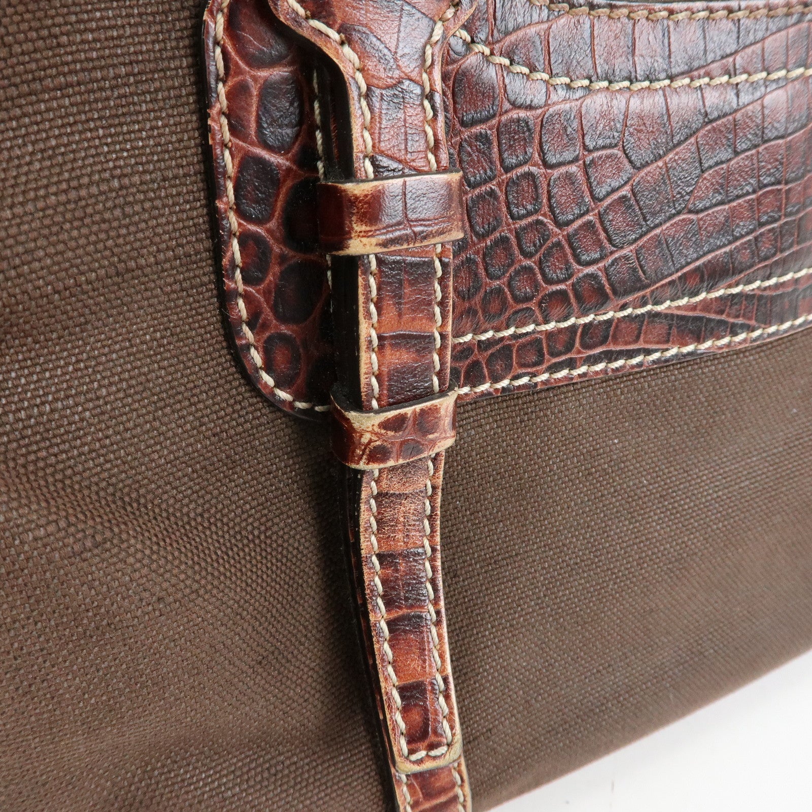 CELINE Boogie Bag Canvas Embossed Leather Hand Bag Tote Bag Brown