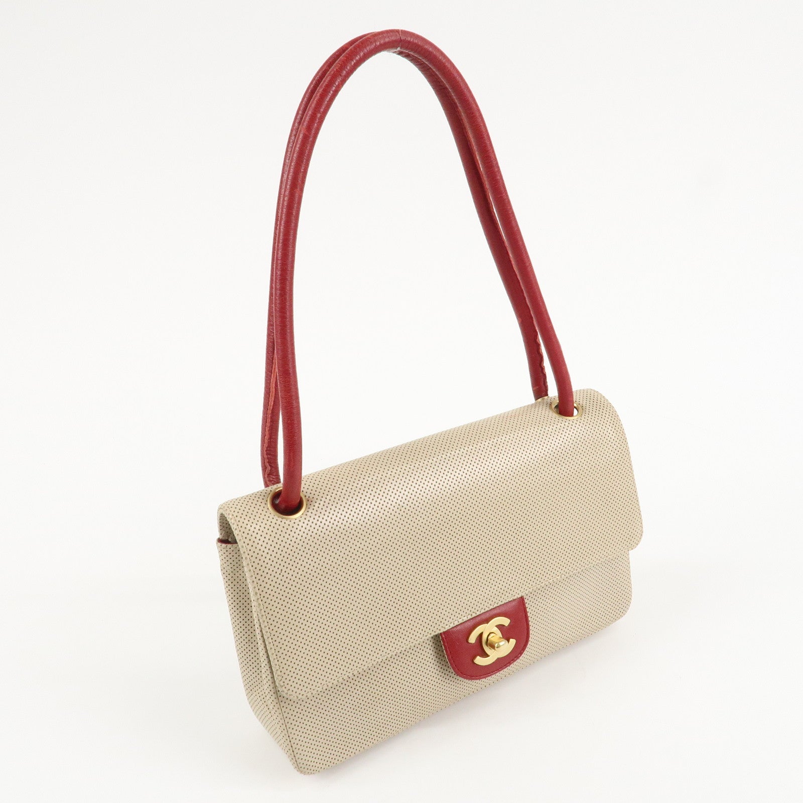 CHANEL COCO Mark Punching Leather Shoulder Bag Hand Bag Beige Red Used