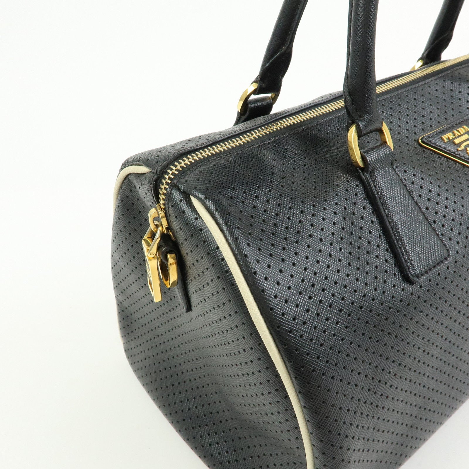 PRADA Triangle Logo Perforated Saffiano Leather 2Way Boston Bag Black