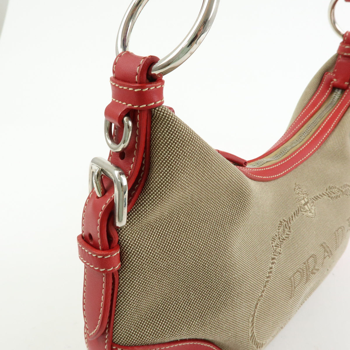 PRADA Logo Jacquard Leather Shoulder Bag Hand Bag Beige Red BR3429