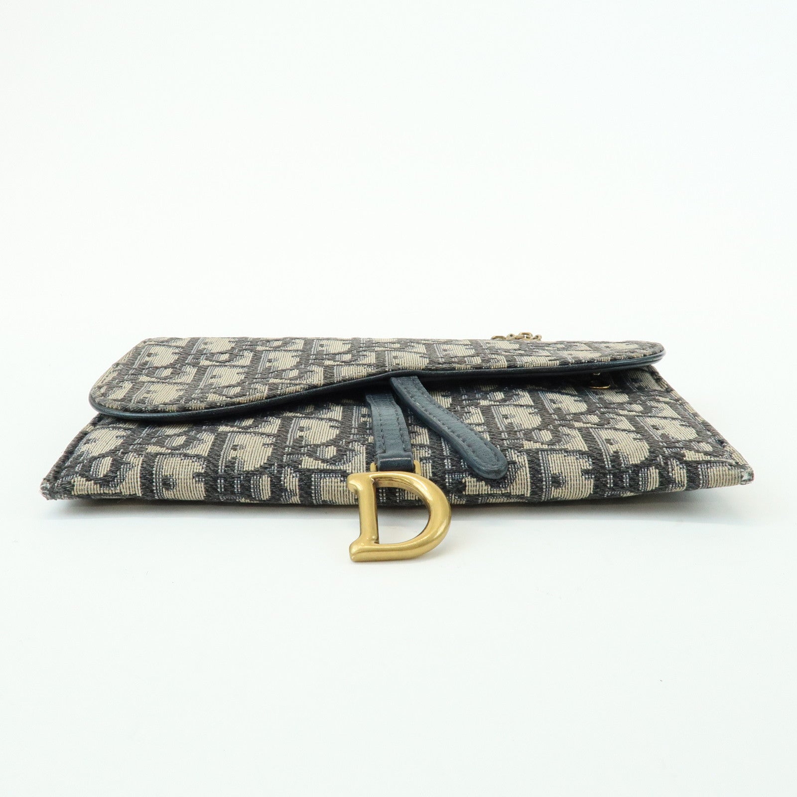 Christian Dior Oblique Saddle Canvas Leather Chain Wallet WOC Navy