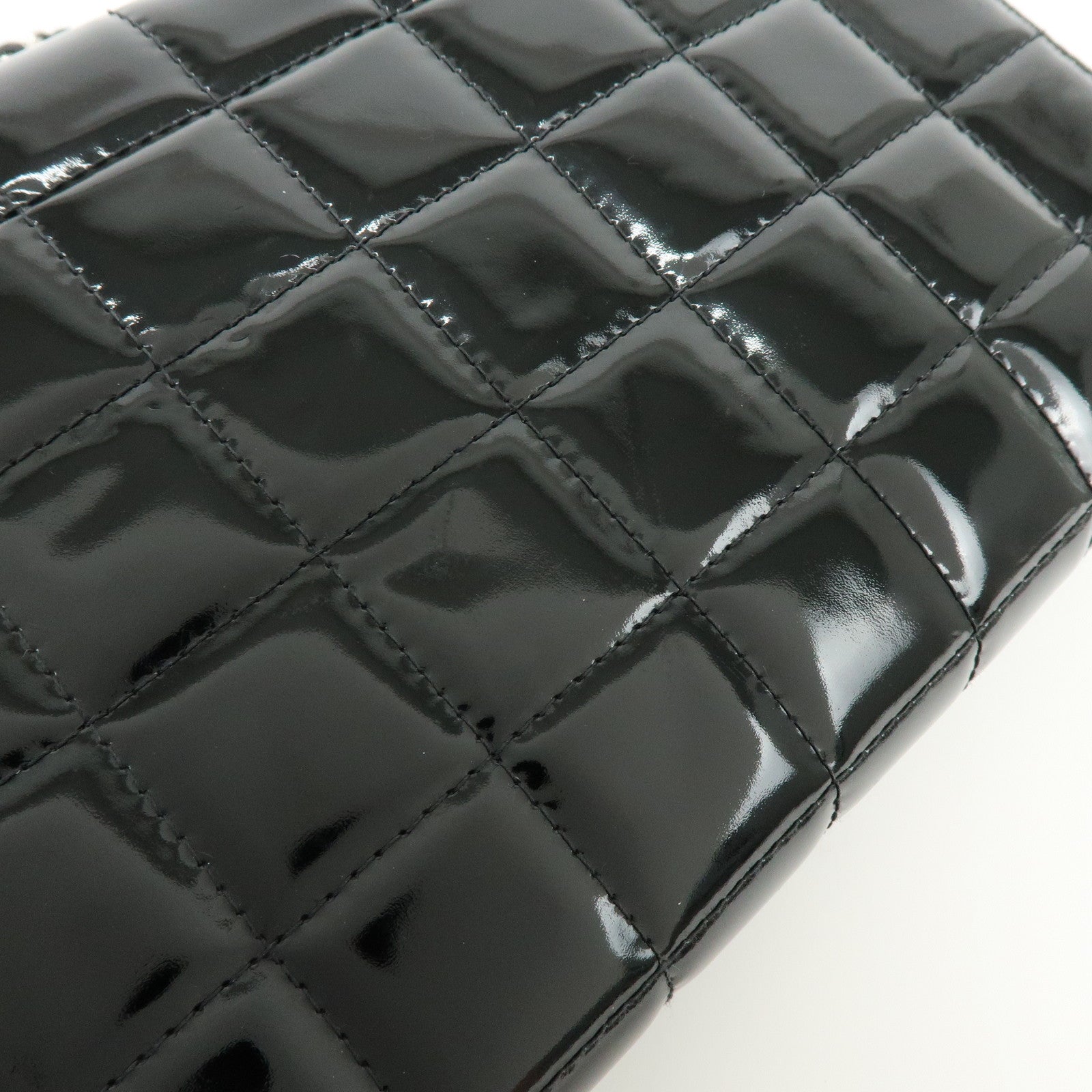 CHANEL Chocolate Bar COCO Mark Patent Leather Shoulder Bag Black Silver