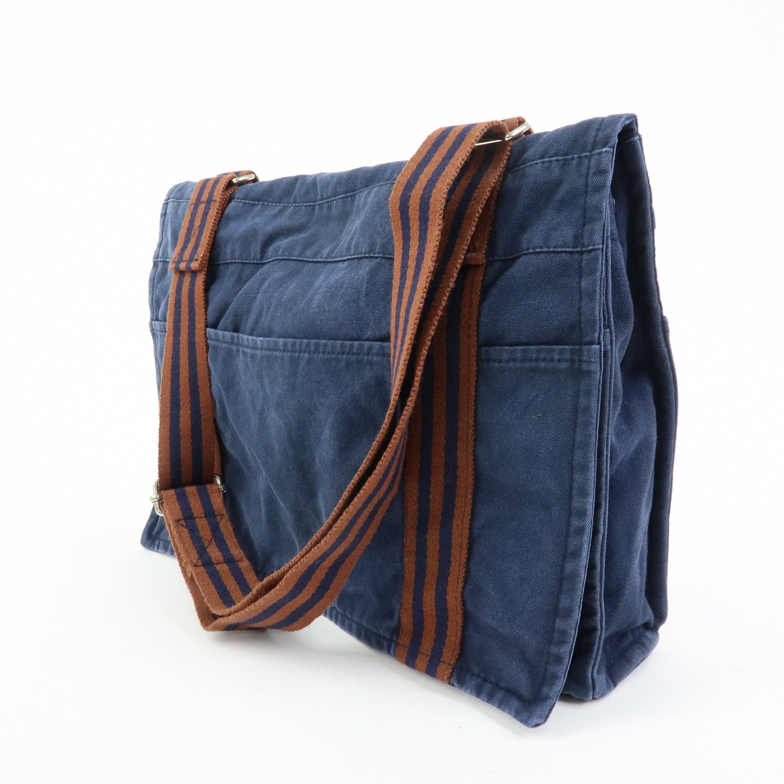 HERMES Besace MM Fourre Tout Canvas Shoulder Crossbody Bag Navy Brown