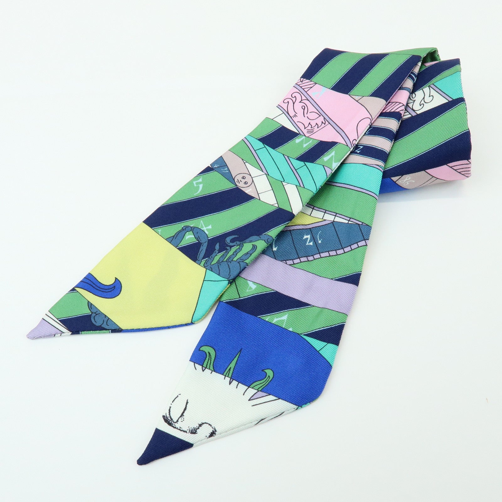 HERMES Twilly Silk 100% Scarf ASTROLOGIE NOUVELLE Green Blue Pink