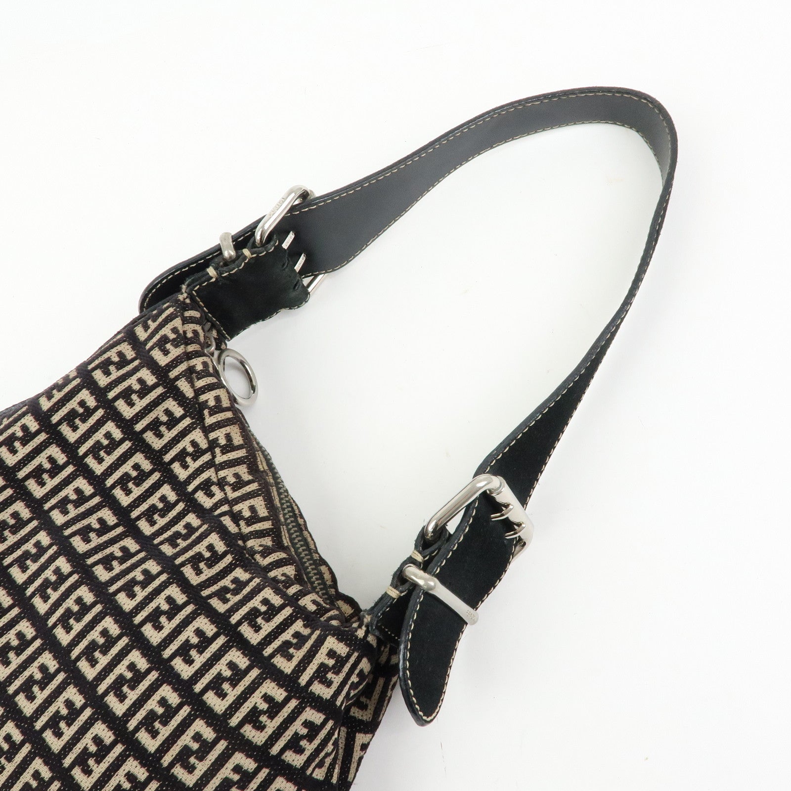 FENDI Zucchino Canvas Leather Shoulder Bag Hand Bag Black Beige