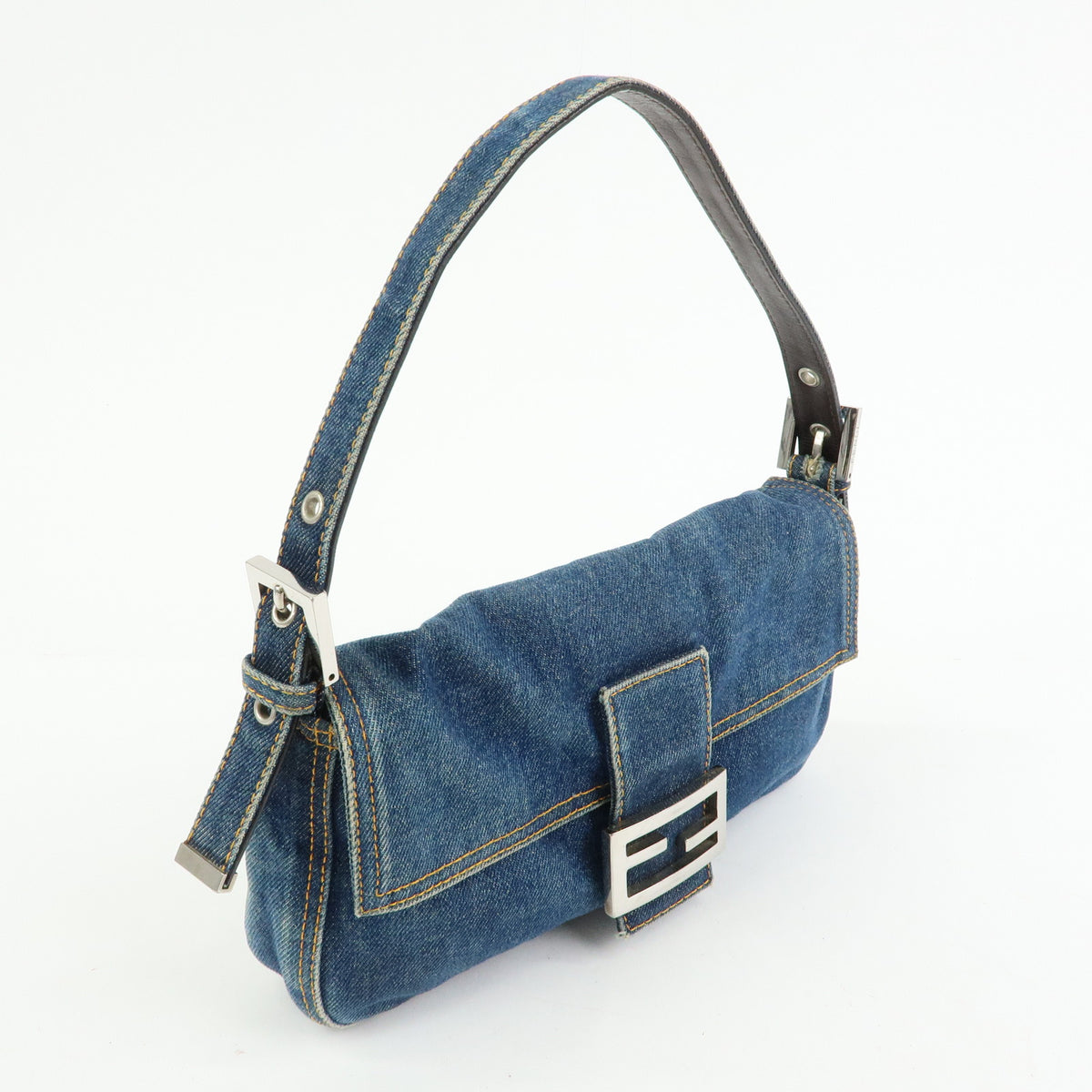 FENDI Mamma Baguette Denim Leather Shoulder Bag Blue 26424