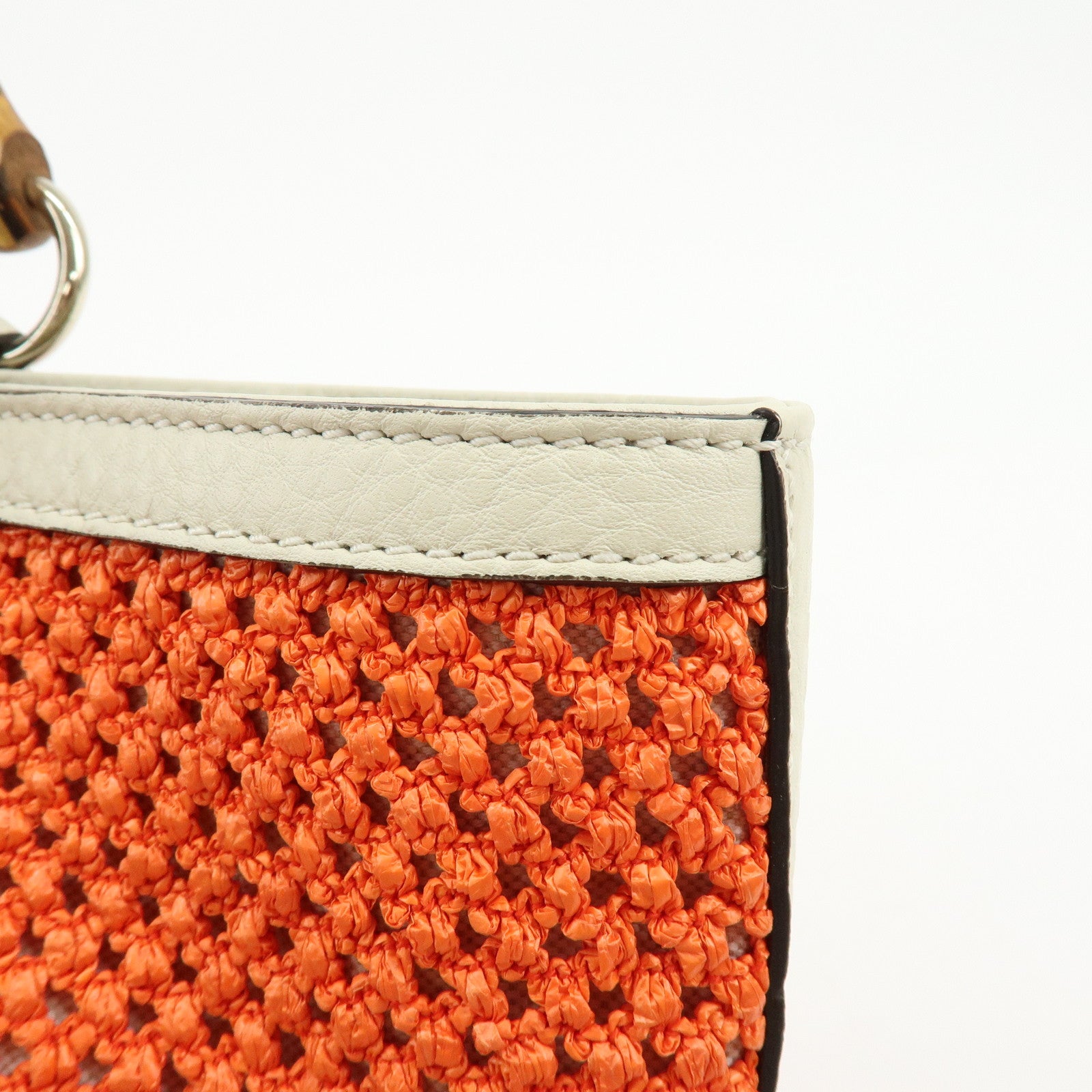 GUCCI Bamboo Raffia Leather Tote Bag Hand Bag Orange White 338965