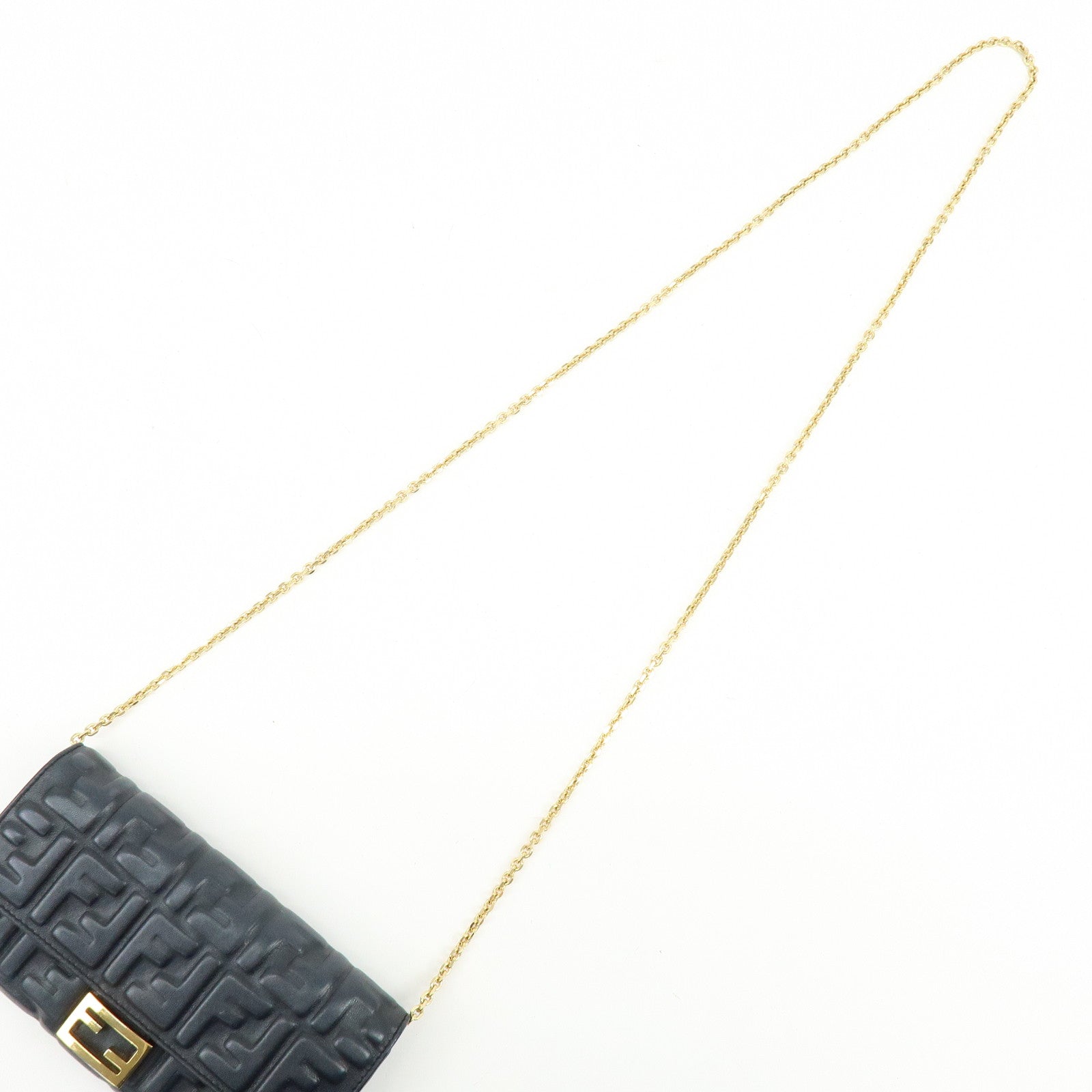 FENDI  Baguette Zucca Embossed Leather Chain Long Wallet Black 8M0365
