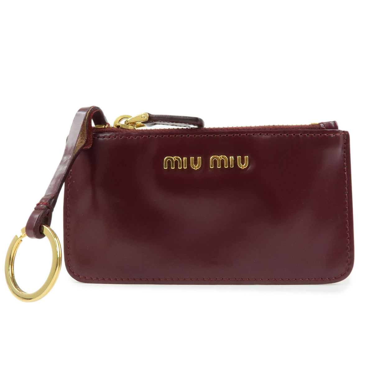 MIU MIU Leather Coin Case Key Ring Pouch Purse Bordeaux Wine Red