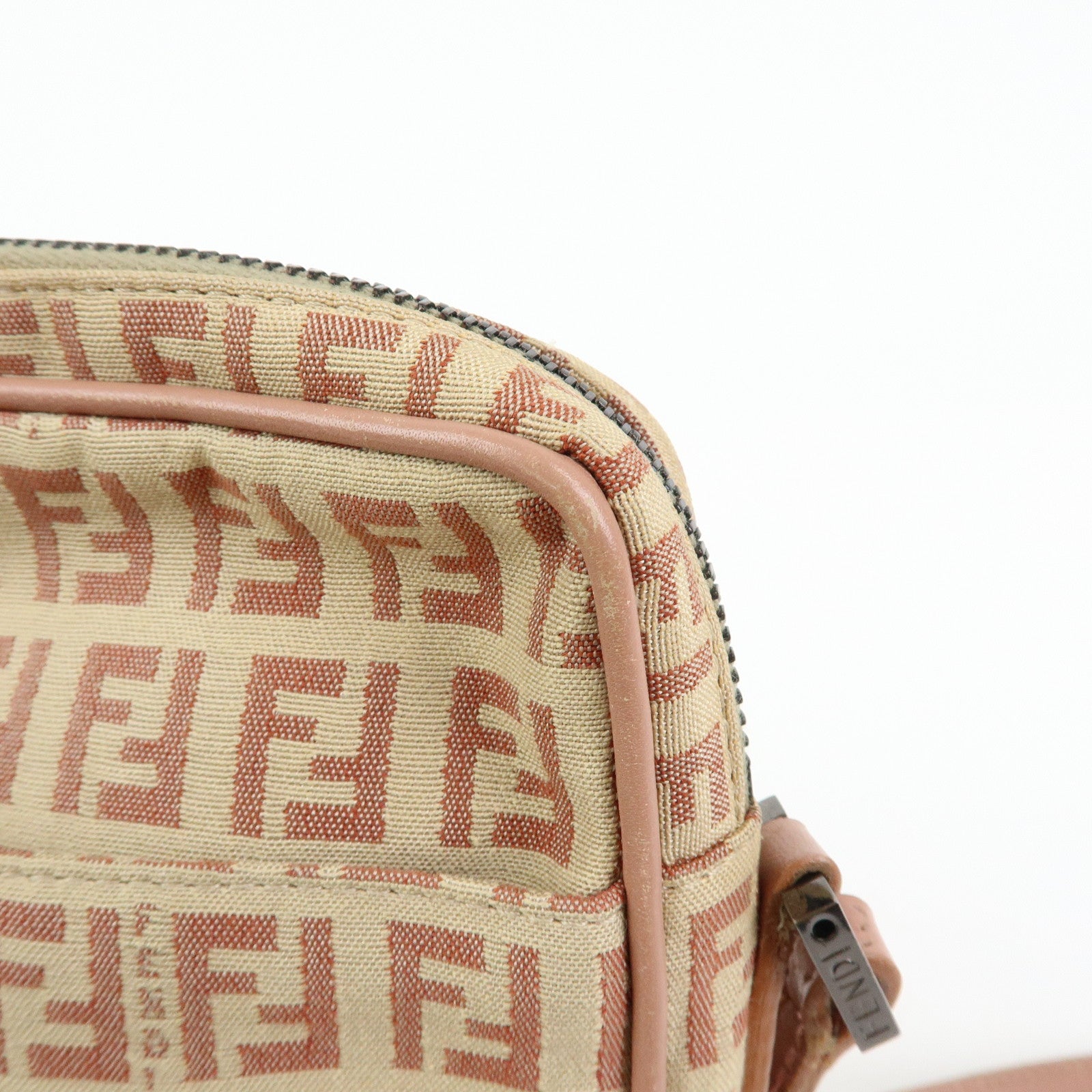 FENDI Zucchino Canvas Leather Shoulder Crossbody Bag Beige Pink 8BT053