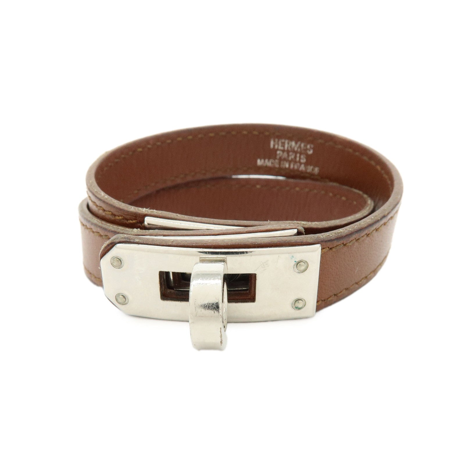 HERMES Kelly Double Tour Leather Bracelet ☐G Stamped Brown Silver
