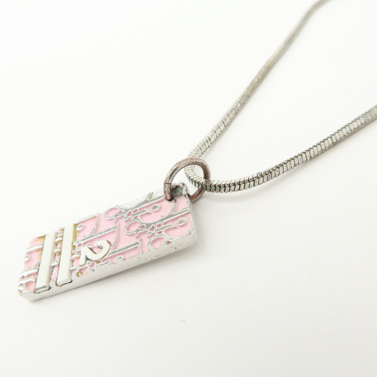 Christian Dior Trotter Plate Metal Necklace Pink Silver White