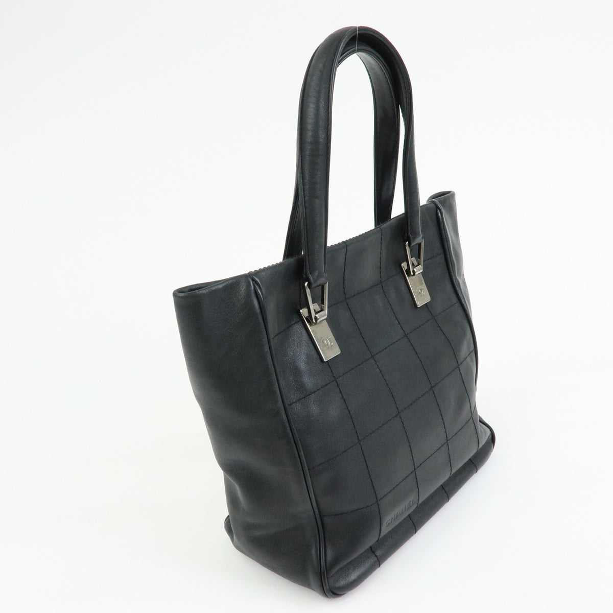 CHANEL Chocolate Bar COCO Mark Lamb Skin Hand Bag Tote Bag Black