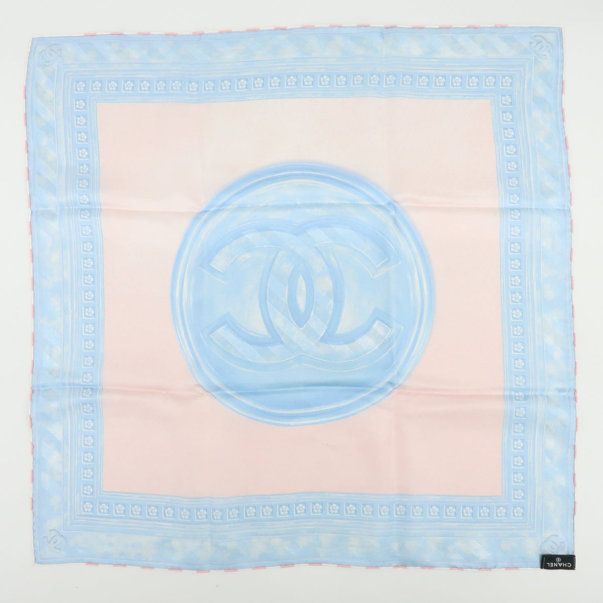 CHANEL COCO Mark Silk 100% Scarf Pink Sky Blue White