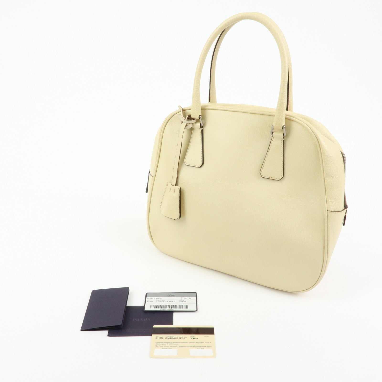 Prada Triangle Logo Leather Hand Bag Dome Bag Beige B11209