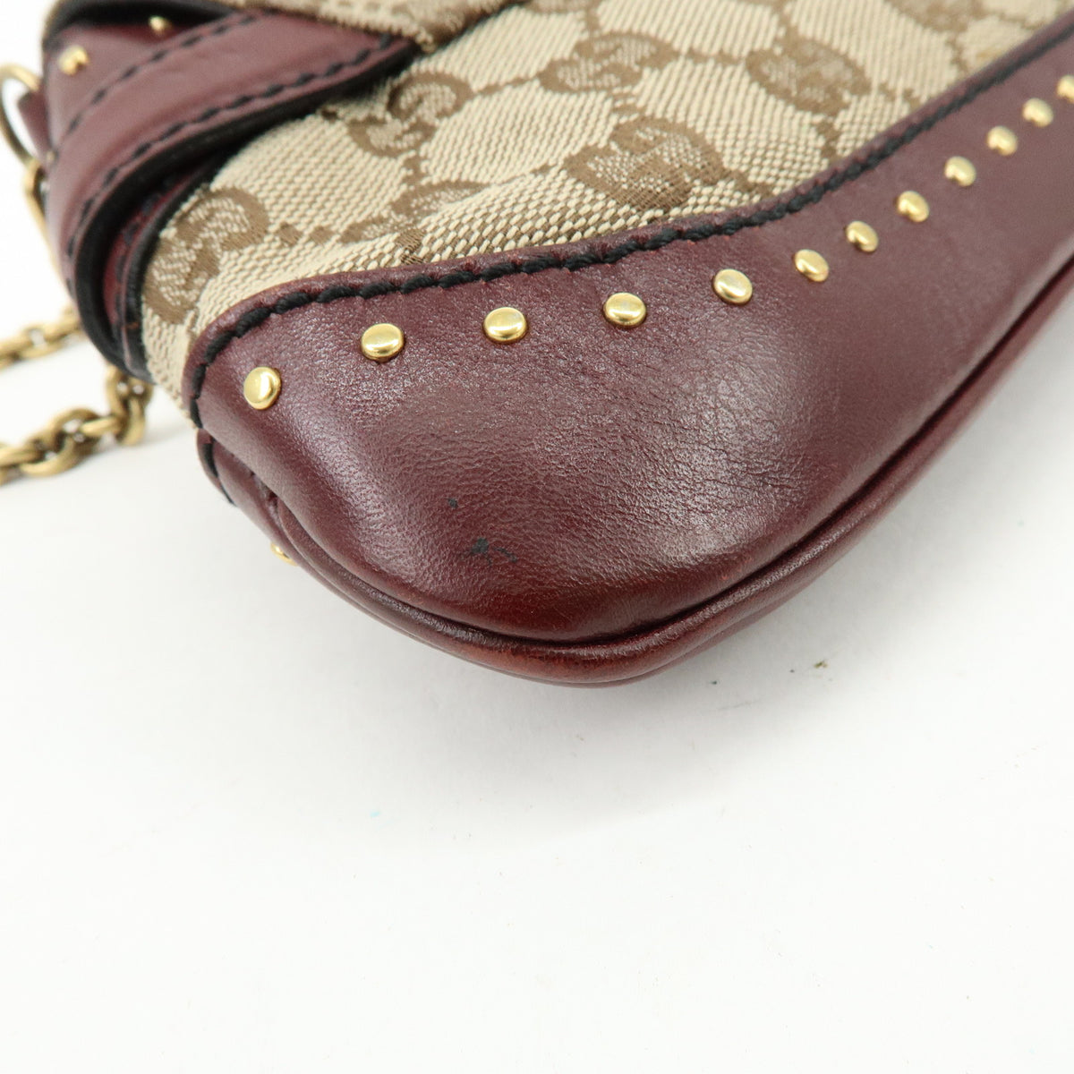 GUCCI Horsebit GG Canvas Leather Chain Hand Bag Brown Bordeaux 119186