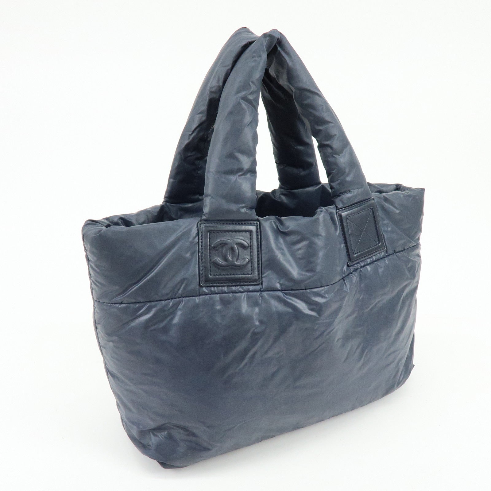 CHANEL COCO Cocoon Nylon Leather Tote MM Hand Bag Navy A48611