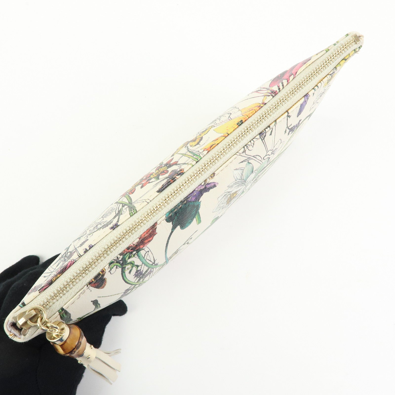 GUCCI Flora Bamboo Leather Cosmetic Accessory Pouch Ivory 338815