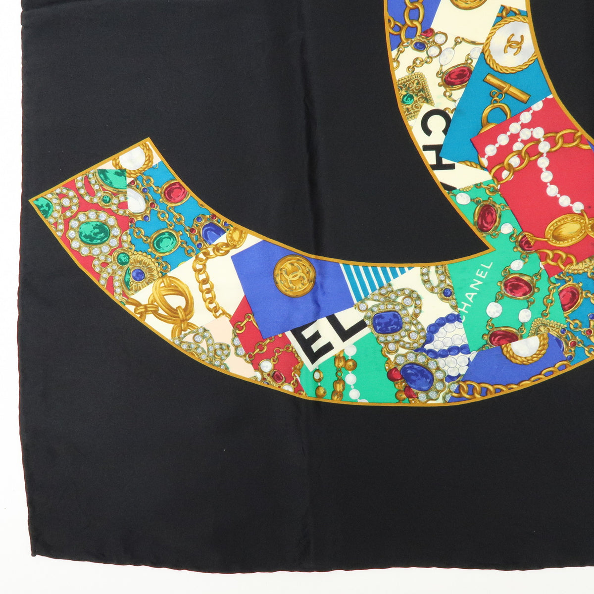 CHANEL Lot of 2 Silk 100% Scarf Flower Jewelry Motif Black Gold