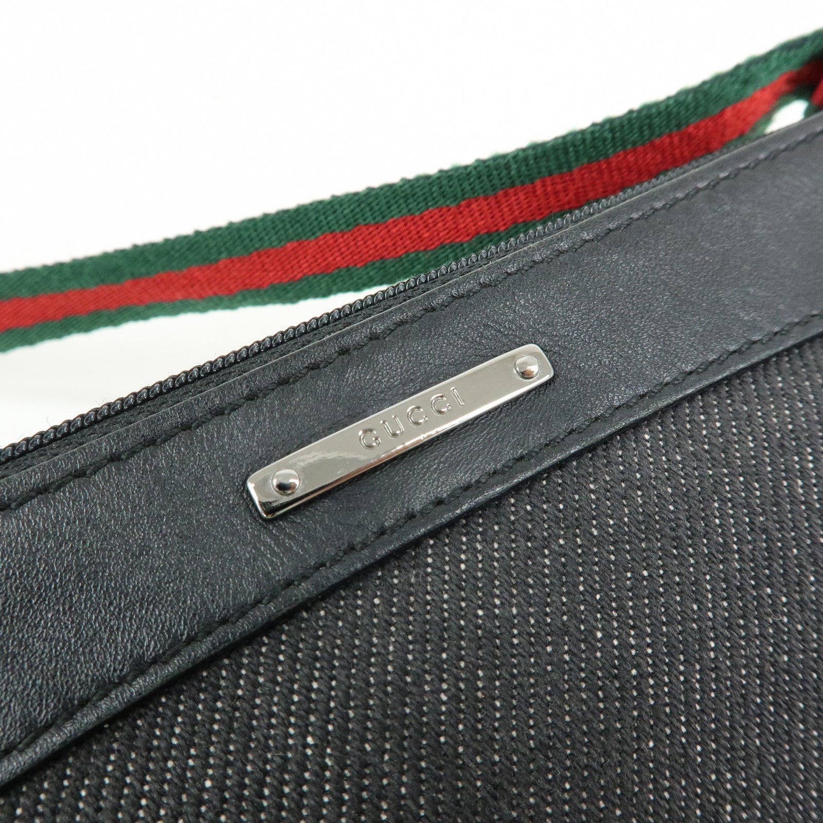 GUCCI Sherry Accessory Pouch Denim Canvas Leather Hand Bag Black 92820