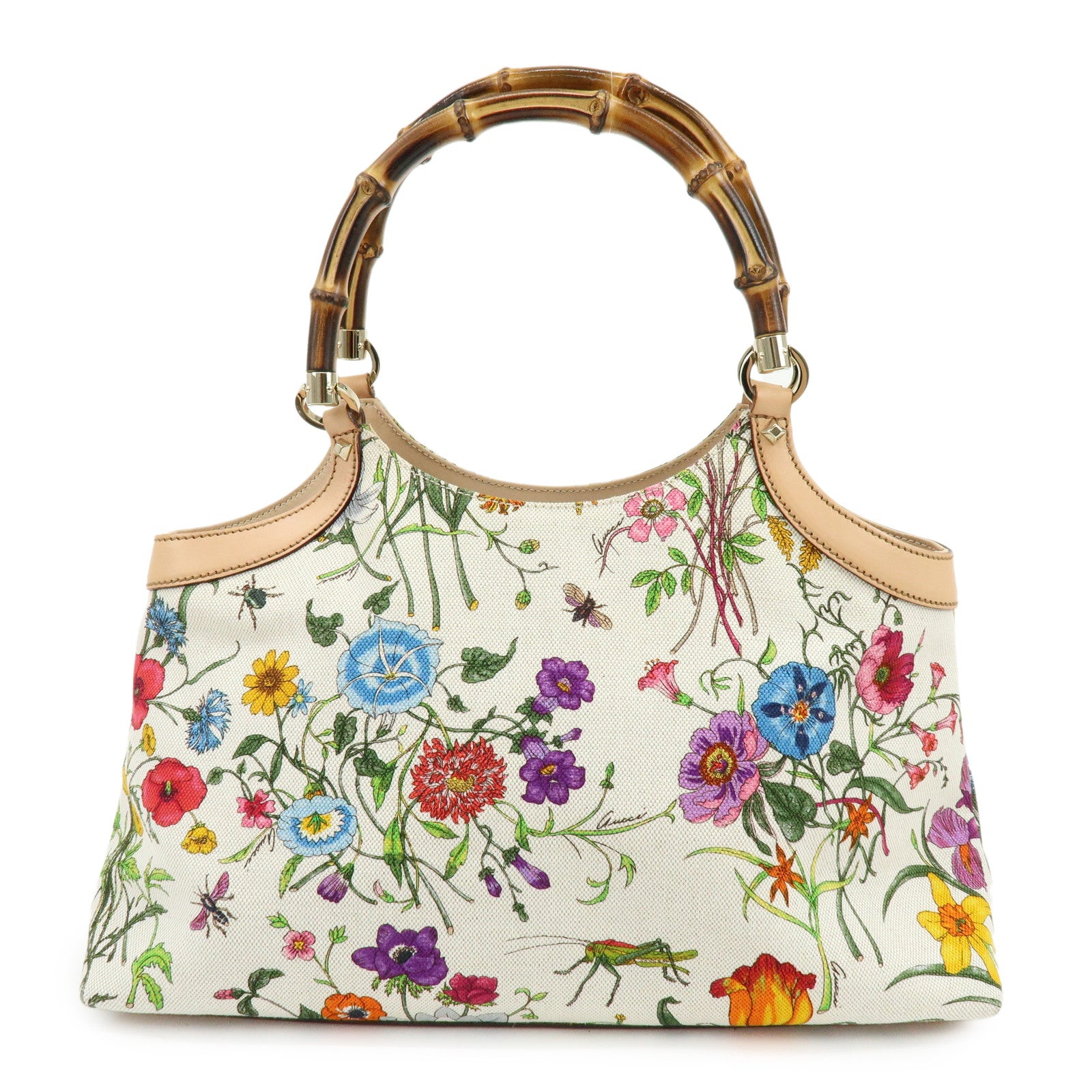 GUCCI Bamboo Flora Canvas Leather Hand Bag Multicolor Beige 137395