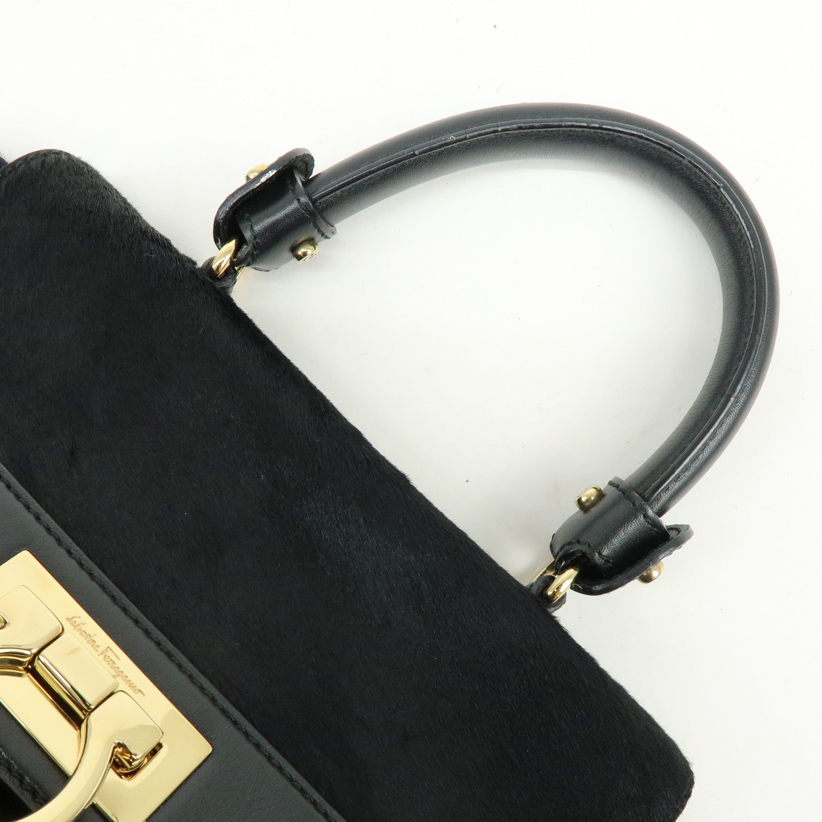 Ferragamo Gancini Unborn Calf Leather 2Way Bag Top Handle Bag Black