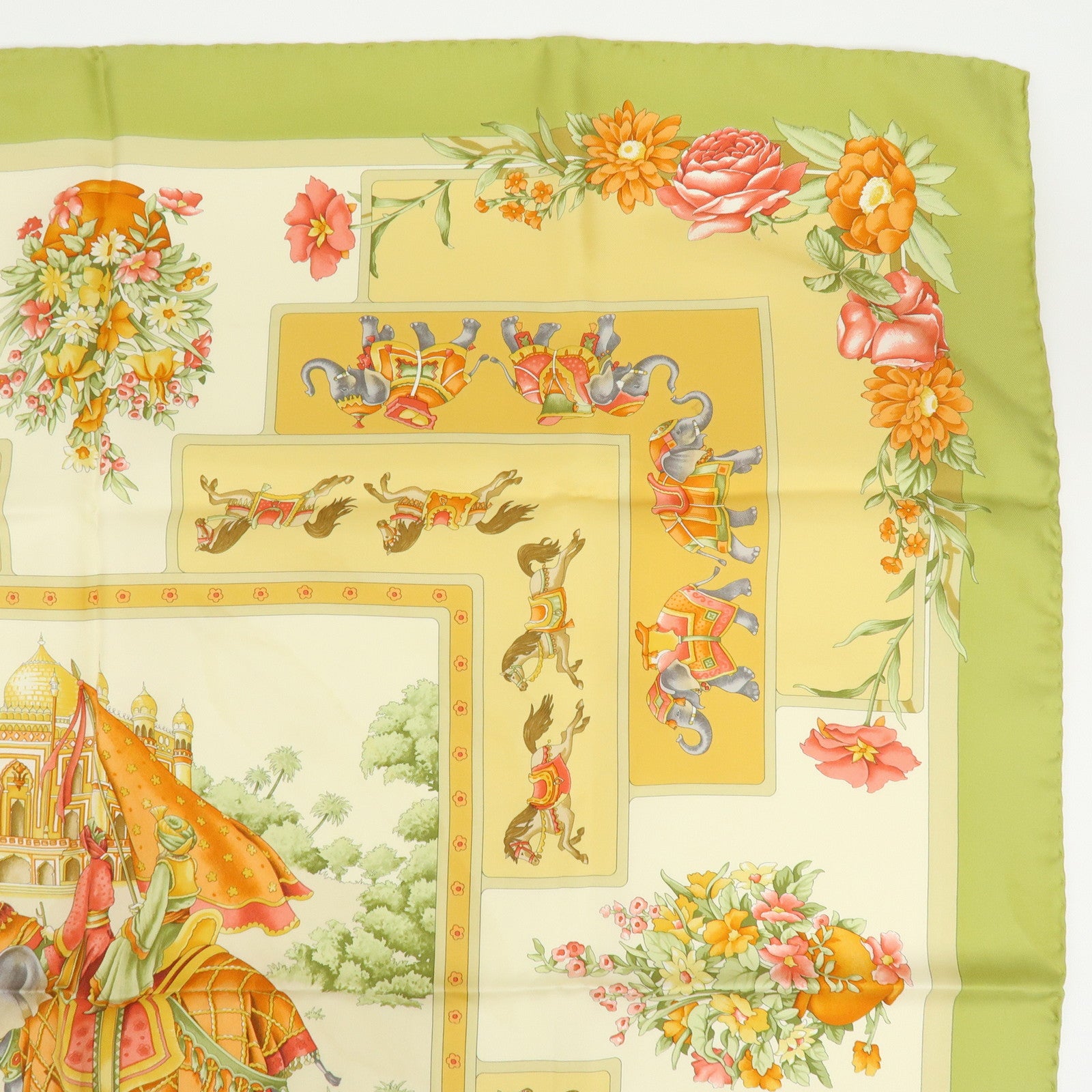 Ferragamo Set of 2 Silk 100% Scarf Tiger Elephant Print Light Green