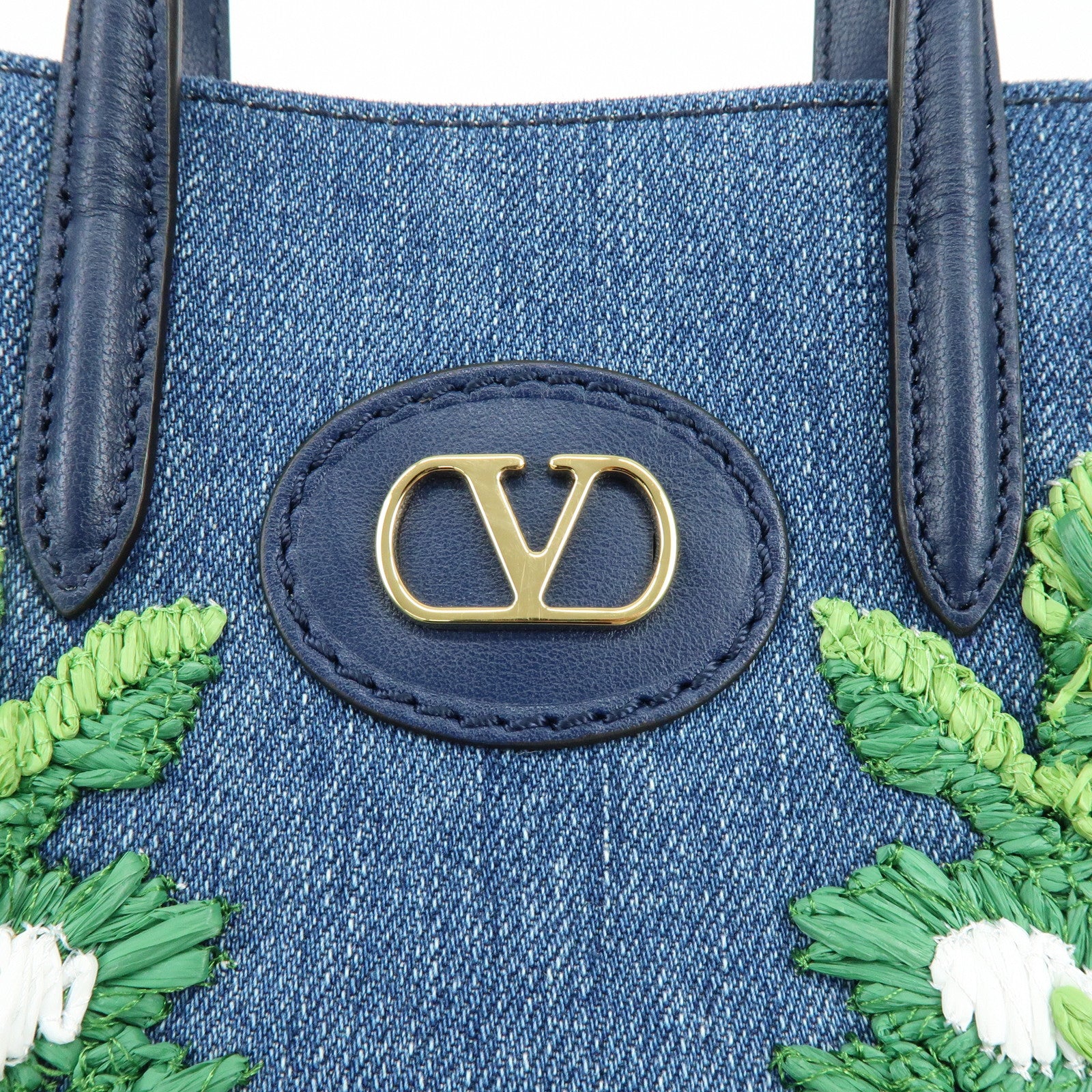 VALENTINO Denim Leather 2Way Hand Shoulder Bag Flower Embroidered