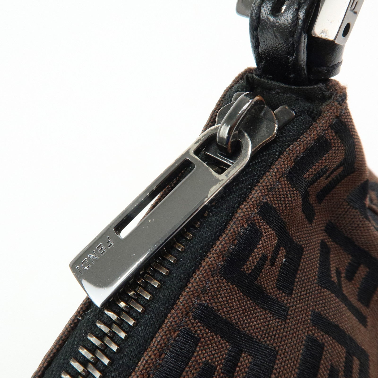 FENDI Zucchino Canvas Leather Shoulder Bag Brown Black 8BR267