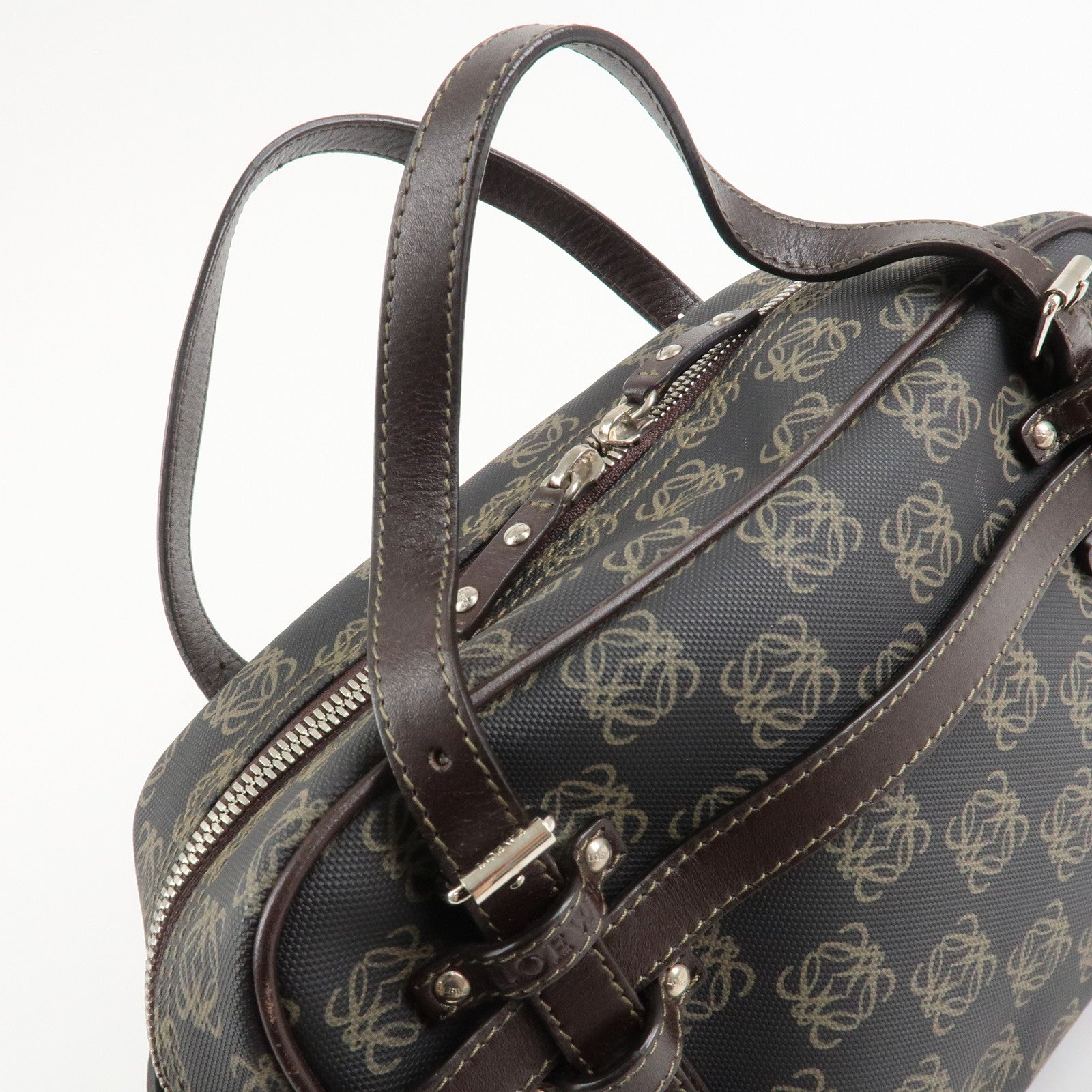 LOEWE Repeat Anagram PVC Leather 2Way Boston Bag Hand Bag Brown Used