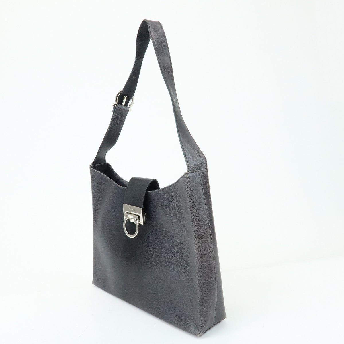 Ferragamo Gancini Leather Shoulder Bag Hand Bag Black Grey