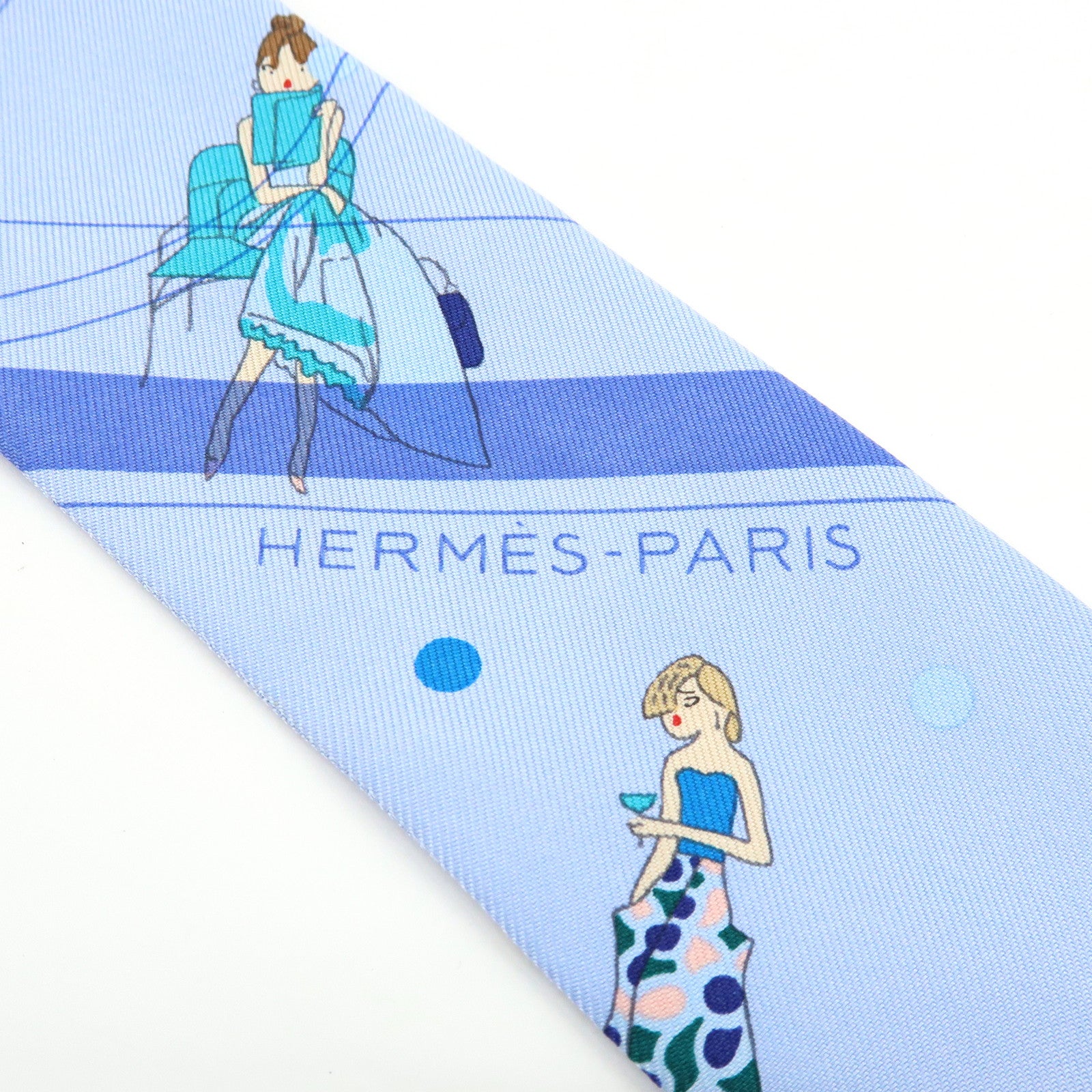 HERMES Twilly Silk 100%  Scarf Ex-Libris Les Parisiennes Light Blue