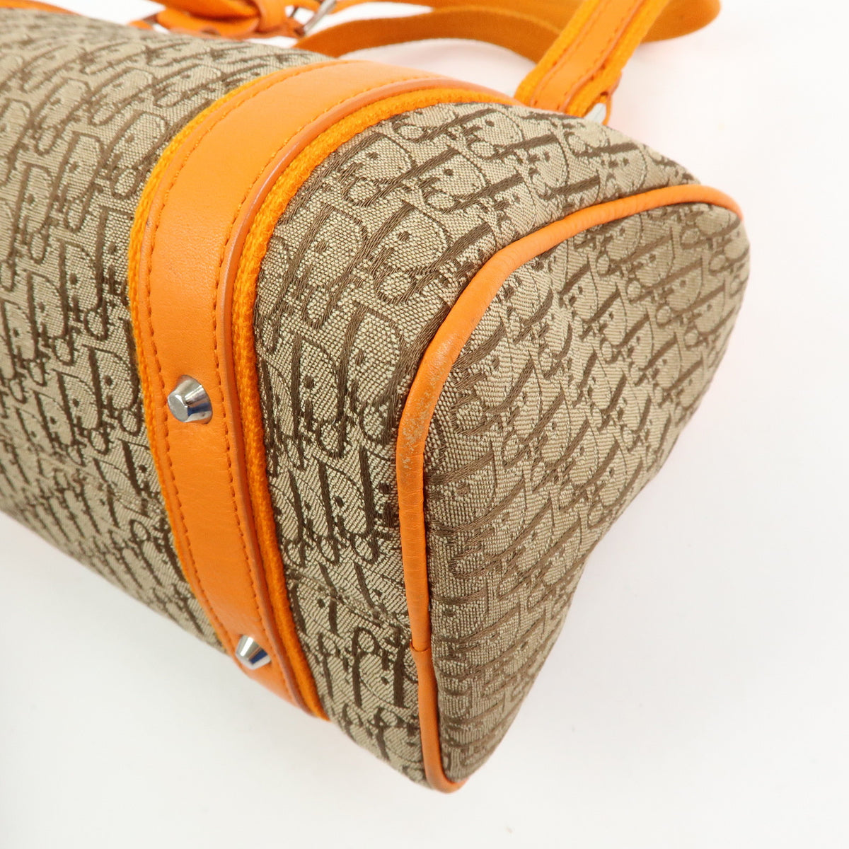 Christian Dior Trotter Jacquard Canvas Leather Hand Bag Beige Orange