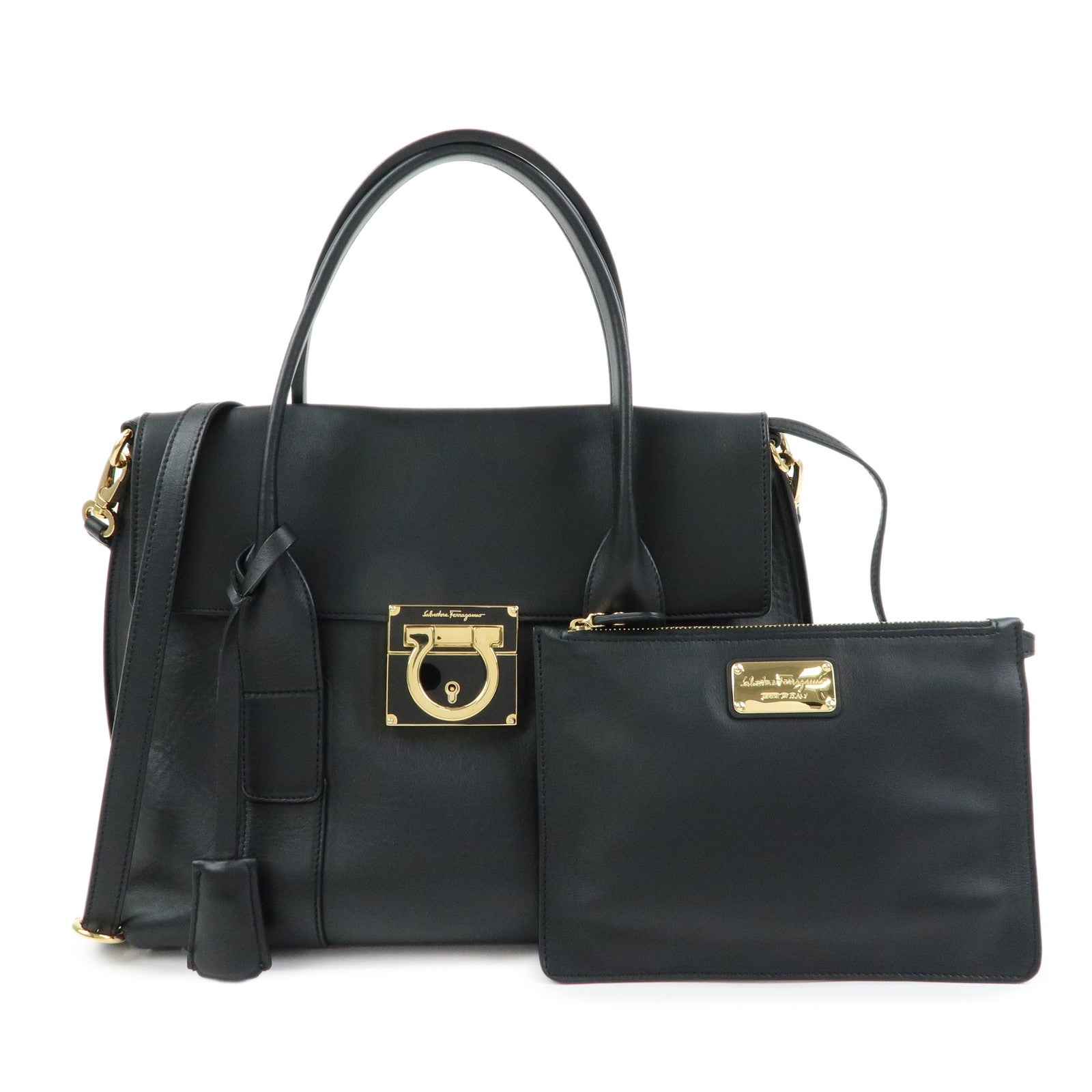 Ferragamo Gancini Leather 2Way Bag Hand Bag Shoulder Bag Black
