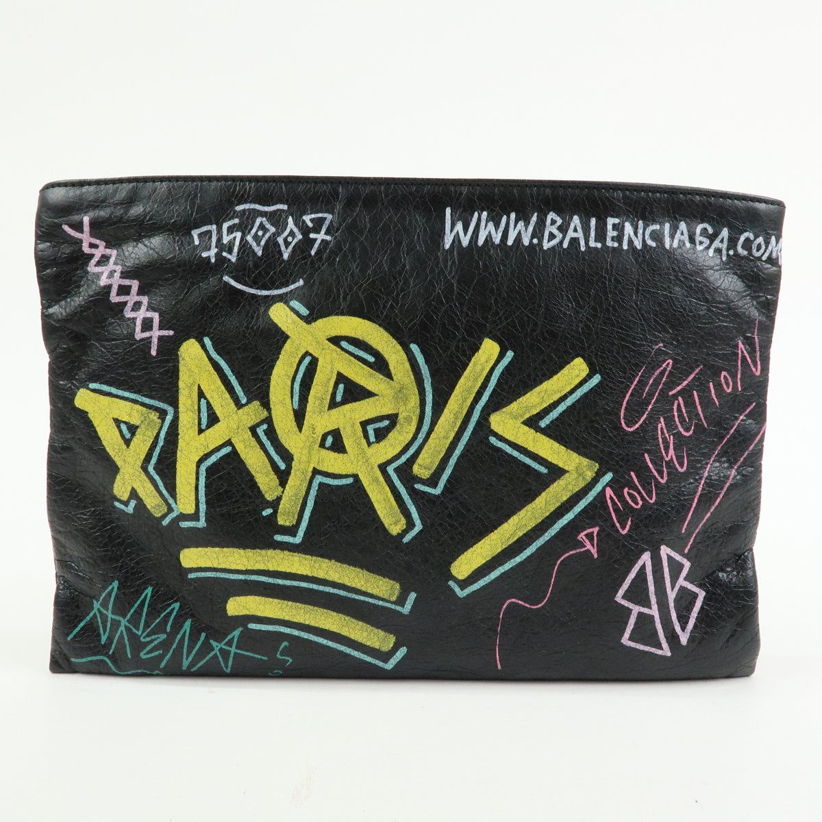 BALENCIAGA Graffiti Leather Clutch Bag Pouch Black Multicolor 459745