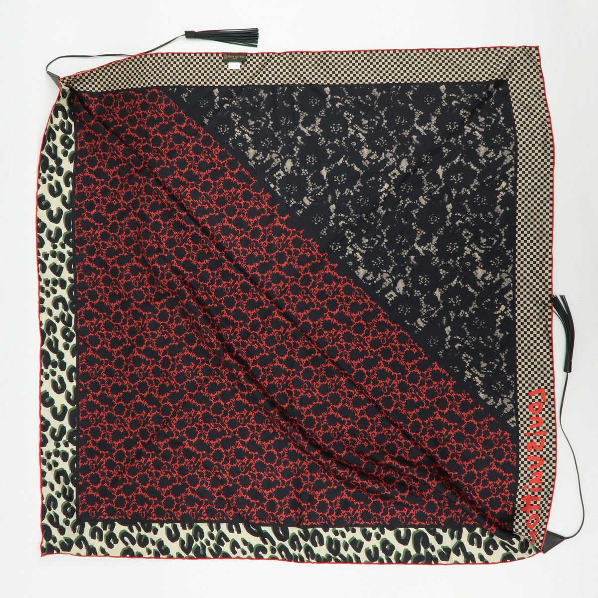 Louis Vuitton Silk 100% Calf Skin Scarf Bandana Tassel Black Red