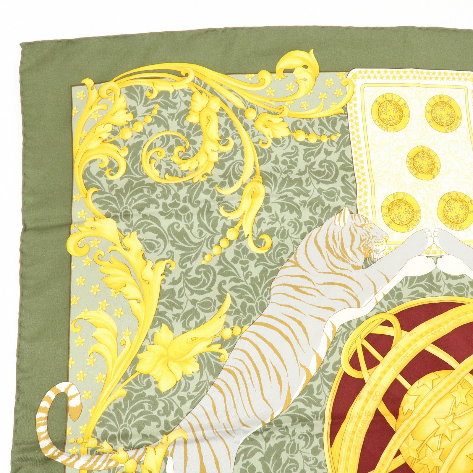 CELINE Silk100% Tiger Print Baroque Motif Scarf Shawl Green Yellow