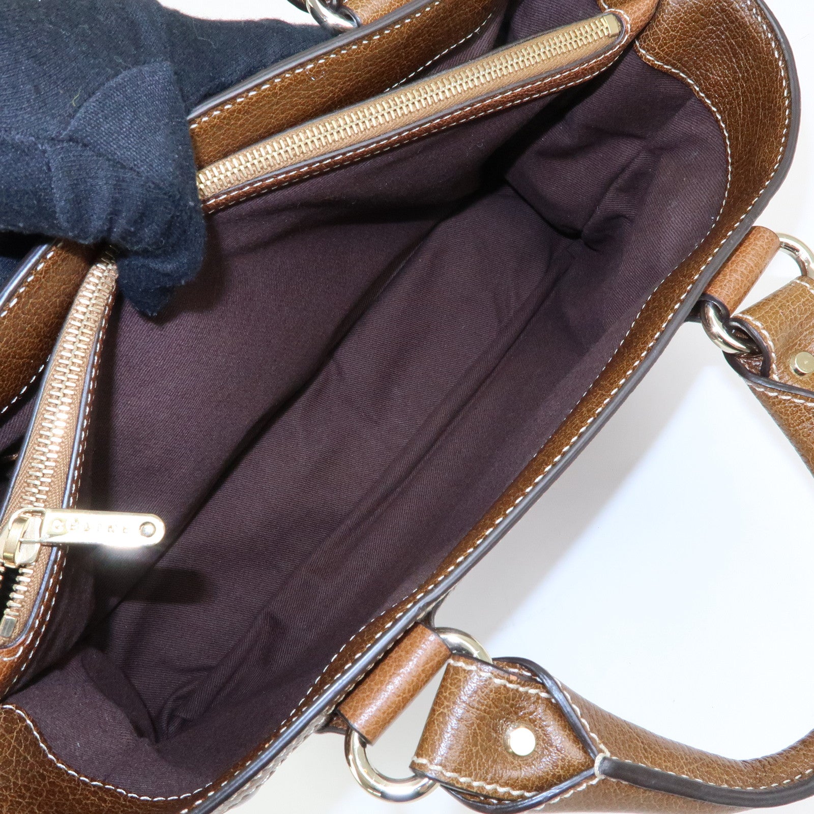 CELINE Boogie Bag Canvas Leather Hand Bag Tote Bag Brown