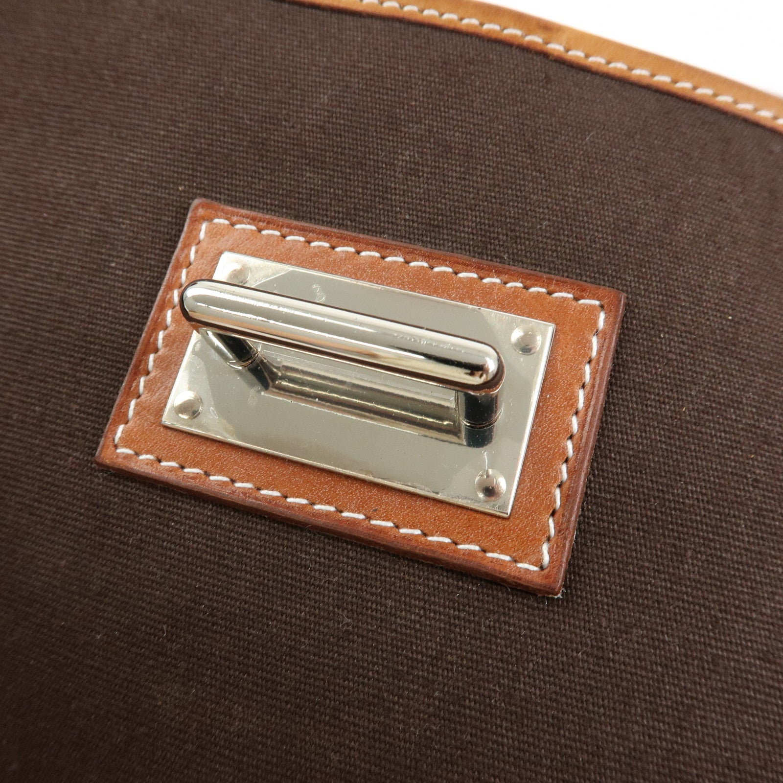 HERMES Buenaventura PM Toile Officier Leather Shoulder Bag Dark Brown