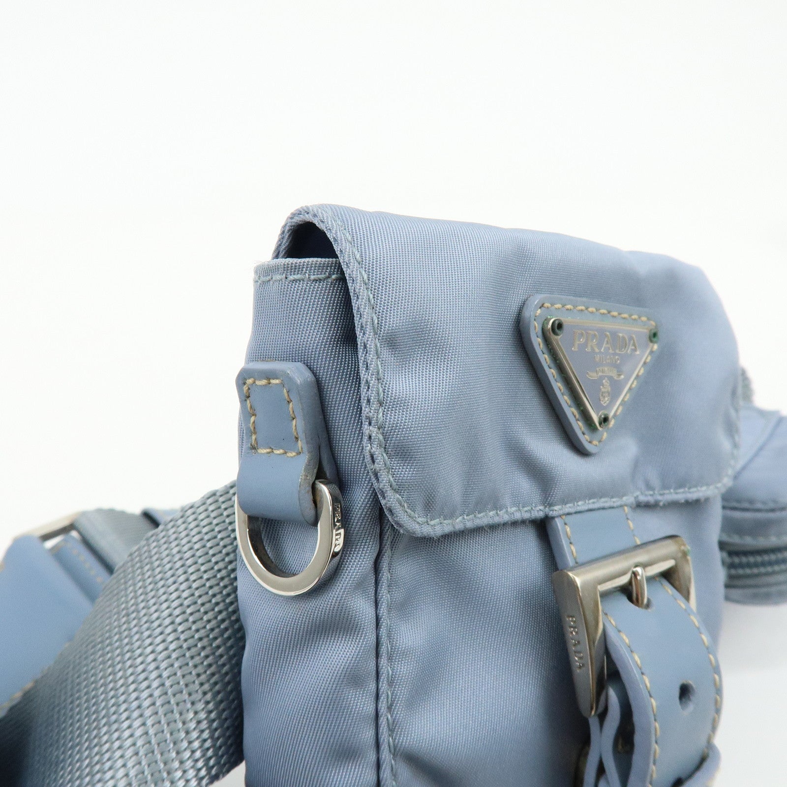 PRADA Triangle Logo Nylon Leather Waist Bag Body Bag Light Blue