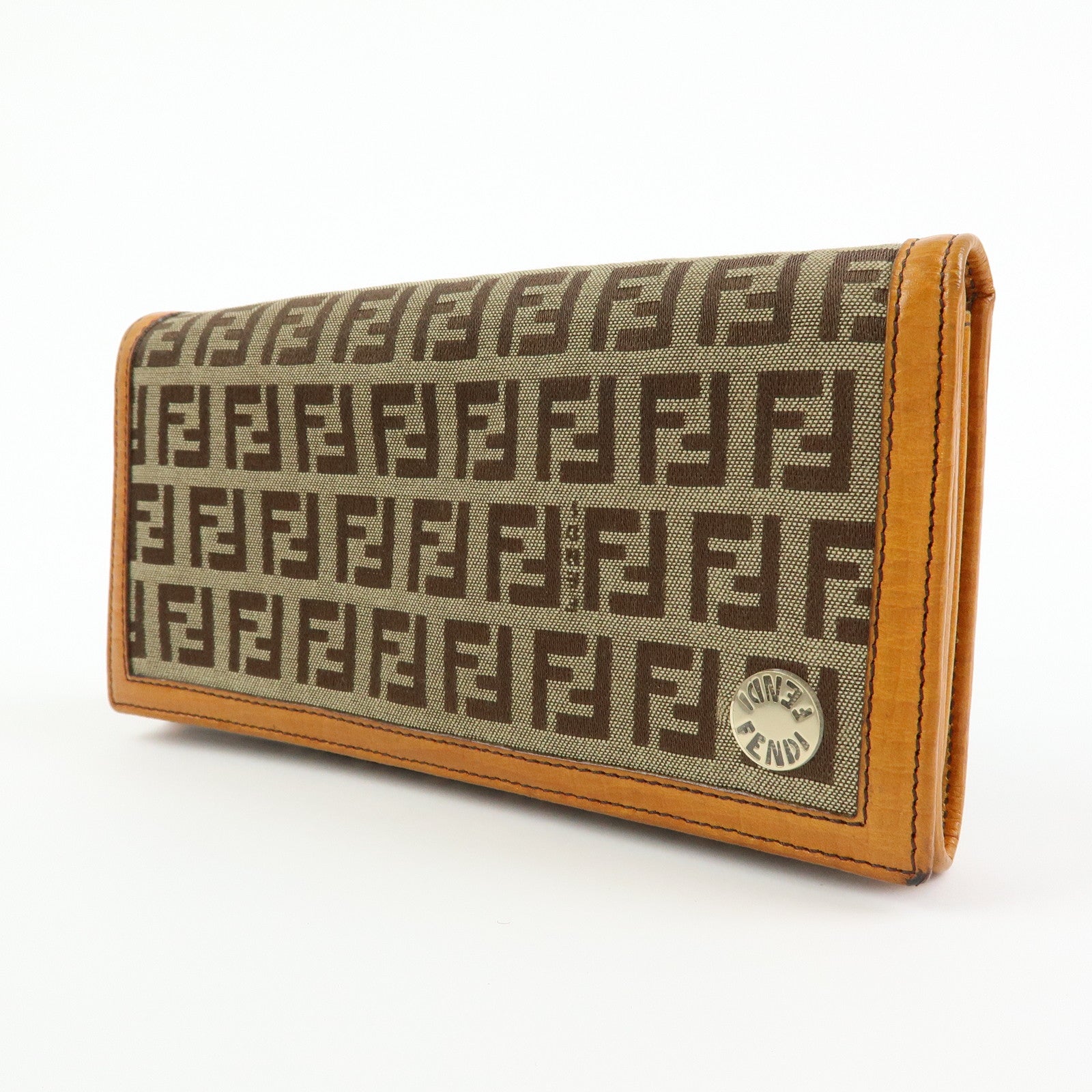 FENDI Zucchino Jacquard Canvas Leather Bi-fold Long Wallet Beige 8M0000
